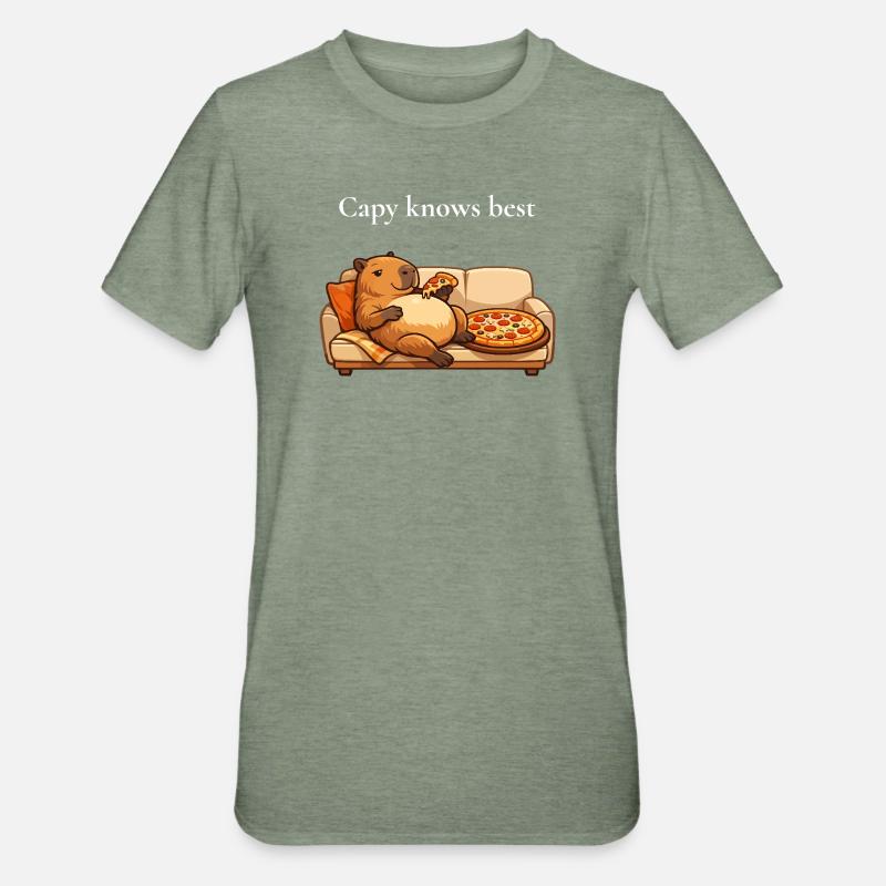 Capybara avec pizza sur canapé - T-shirt polycoton Unisexe - vert kaki chiné
