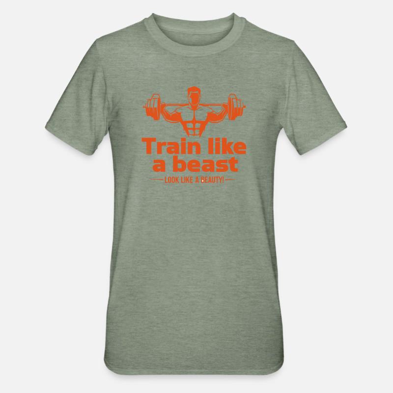 Entraînez-vous comme une bête - ressemblez à une beauté - T-shirt polycoton Unisexe - vert kaki chiné