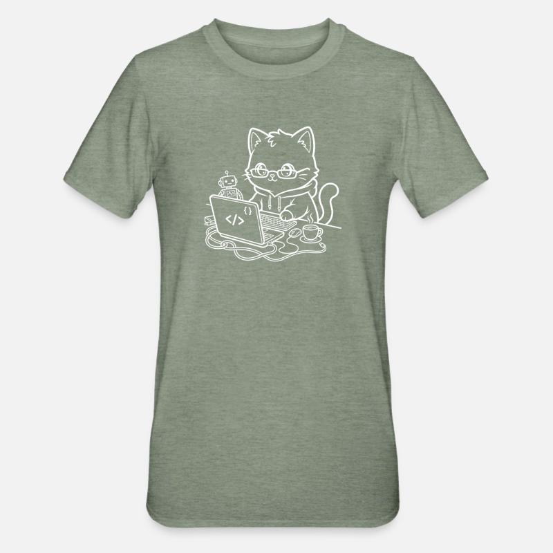 Coder Kawaii Katze Programmierer - Unisex Polycotton T-Shirt - Militärgrün meliert