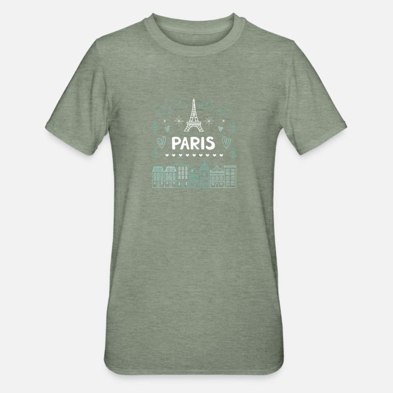 Doodle Paris Tour Eiffel Cœurs - T-shirt polycoton Unisexe - vert kaki chiné