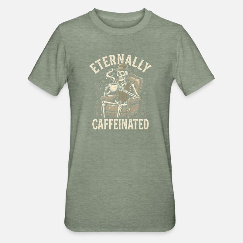 Eternally Caffeinated - Retro Coffee Skeleton - Unisex Polycotton T-Shirt - heather military green