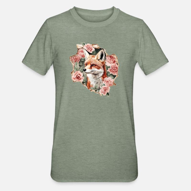 Ræv med roser - Unisex polycotton T-shirt - militærgrønmeleret