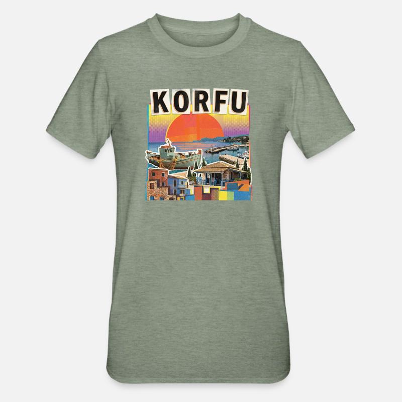 Corfou, Grèce - T-shirt polycoton Unisexe - vert kaki chiné