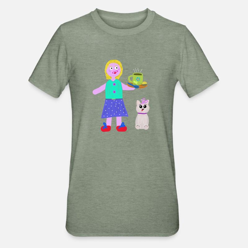 Fille joyeuse Café Praliné Chat - T-shirt polycoton Unisexe - vert kaki chiné