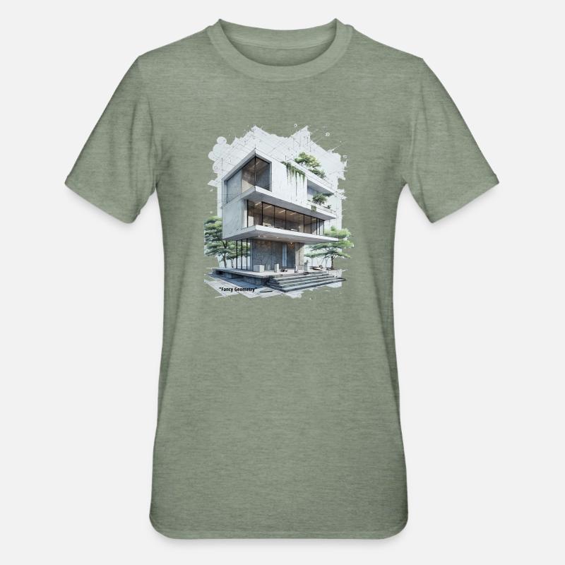 Fancy Geometry Modern House - T-shirt polycoton Unisexe - vert kaki chiné