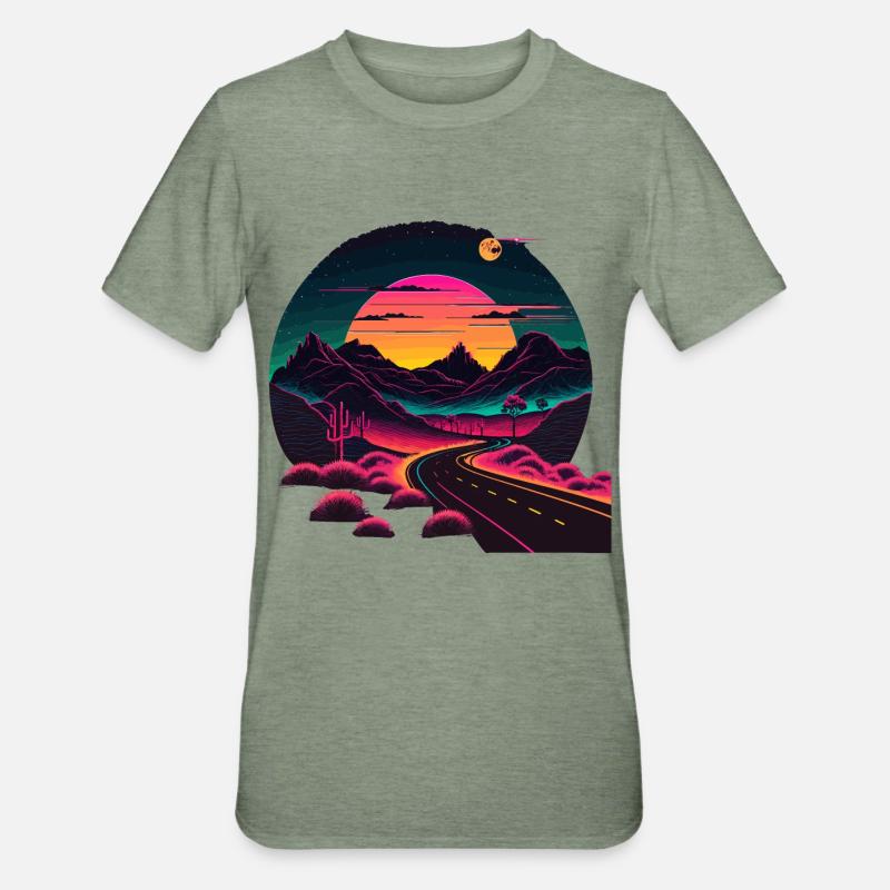 Route de style synthwave - T-shirt polycoton Unisexe - vert kaki chiné