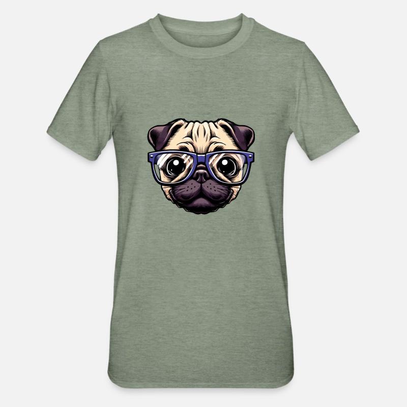 Nerdiger Mops mit Brille - Unisex Polycotton T-Shirt - Militärgrün meliert
