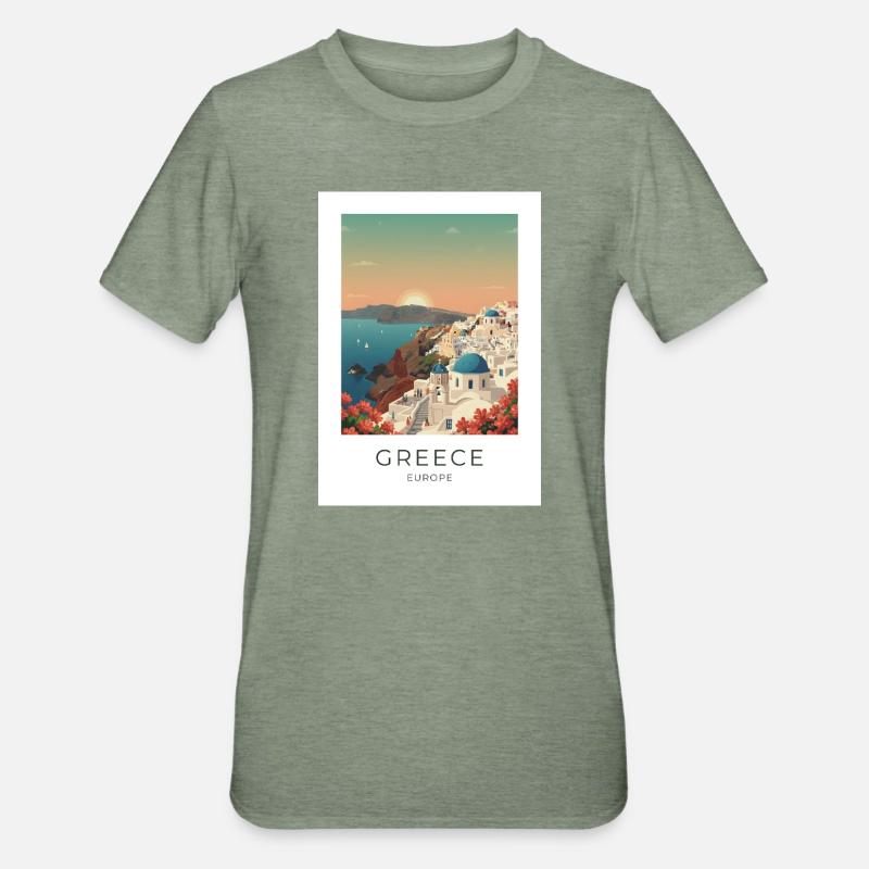 Santorini Sunset Coastal View - Unisex Polycotton T-Shirt - heather military green