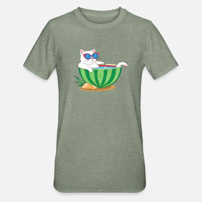 Chat et pastèque - T-shirt polycoton Unisexe - vert kaki chiné