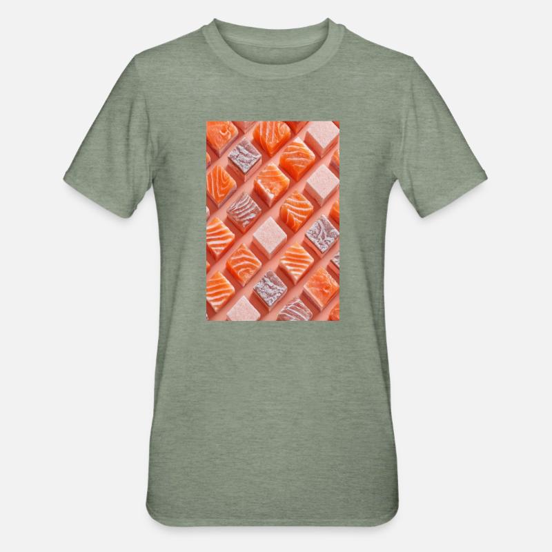Lachs Tile Candy Grid - Unisex Polycotton T-Shirt - Militärgrün meliert