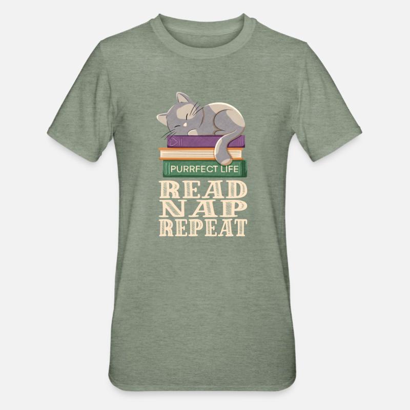 Reading, sleeping, repeating and cats - Unisex Polycotton T-Shirt - heather military green