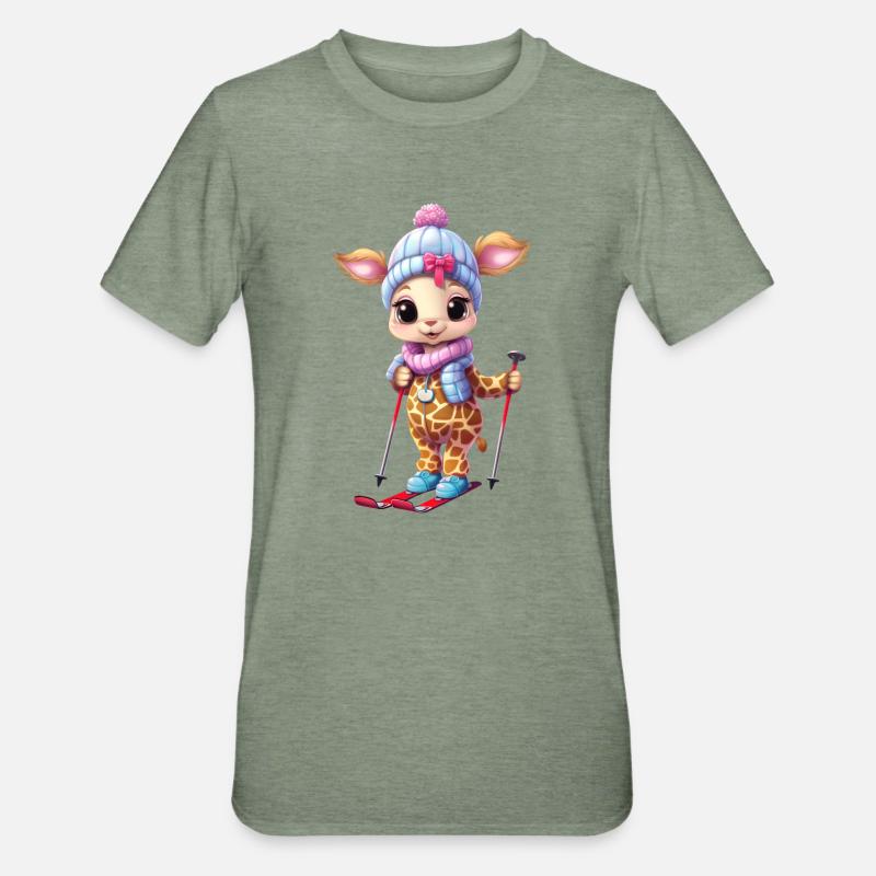 Girafe de ski - Funny Comic Design - T-shirt polycoton Unisexe - vert kaki chiné
