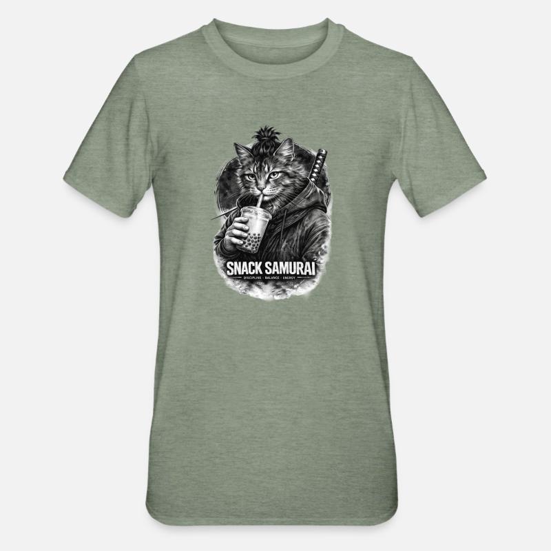 Snack Samurai Katze I - Unisex Polycotton T-Shirt - Militärgrün meliert