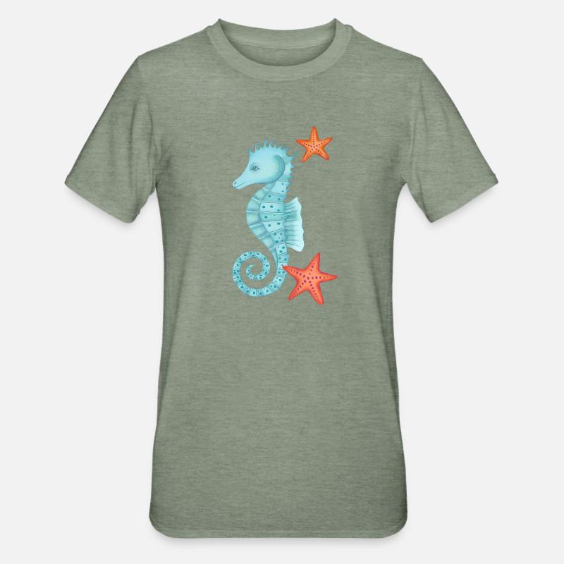 Seepferdchen mit Seesternen - Unisex Polycotton T-Shirt - Militärgrün meliert