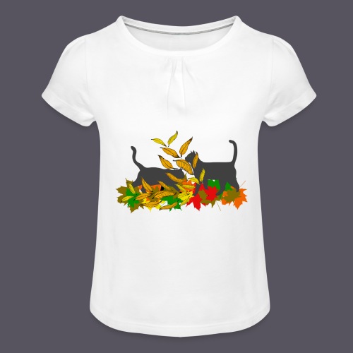 spielende Katzen in bunten Blättern - Mädchen-T-Shirt mit Raffungen