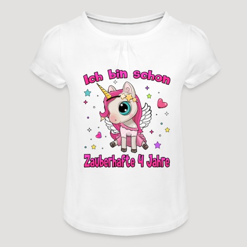 Mädchen Einhorn 4. Geburtstag Ich bin 4 Jahre - Mädchen-T-Shirt mit Raffungen