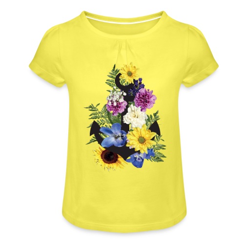 Blumen Anker_ - Mädchen-T-Shirt mit Raffungen