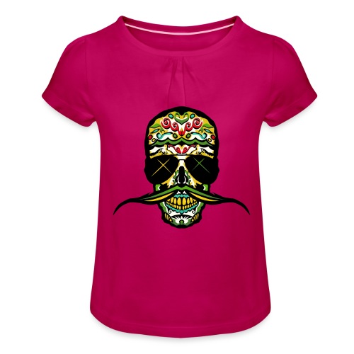 tete de mort mexicaine skull crane moustache moust - T-shirt à fronces au col Fille