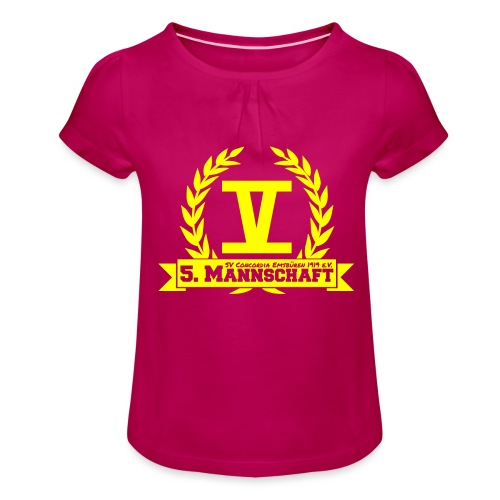 V mit College-Schriftzug - Gelb - Mädchen-T-Shirt mit Raffungen