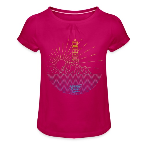 Leuchtturm mit Sonne am Meer - Mädchen-T-Shirt mit Raffungen