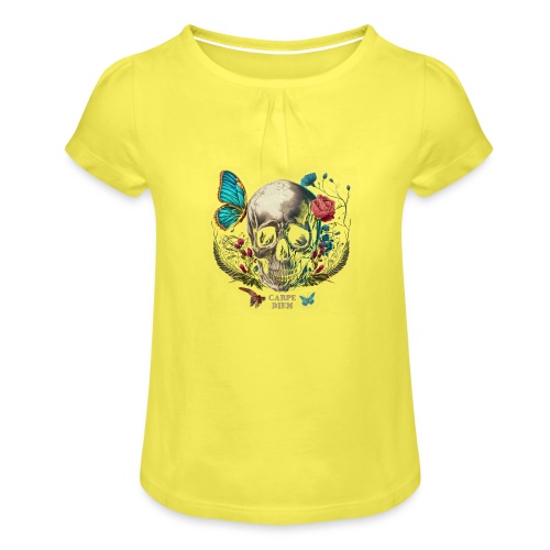 carpe diem - Totenkopf, Schmetterling, Blumen - Mädchen-T-Shirt mit Raffungen