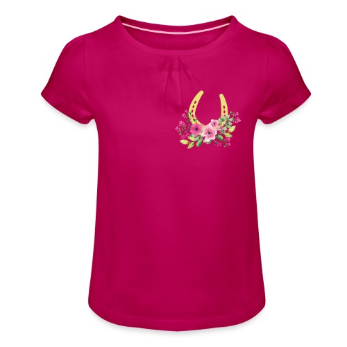 Blumen Hufeisen - Reitbekleidung - Mädchen-T-Shirt mit Raffungen