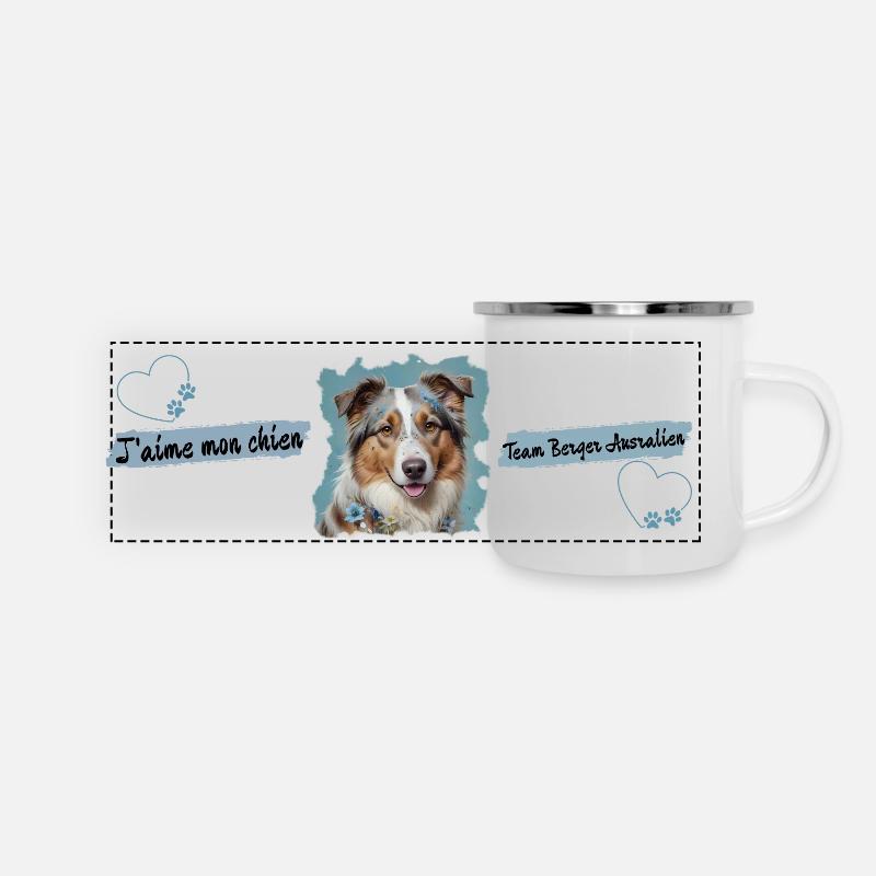 BLAUER AUSTRALIAN SHEPHERD BECHER - Panorama Emaille-Tasse - Weiß