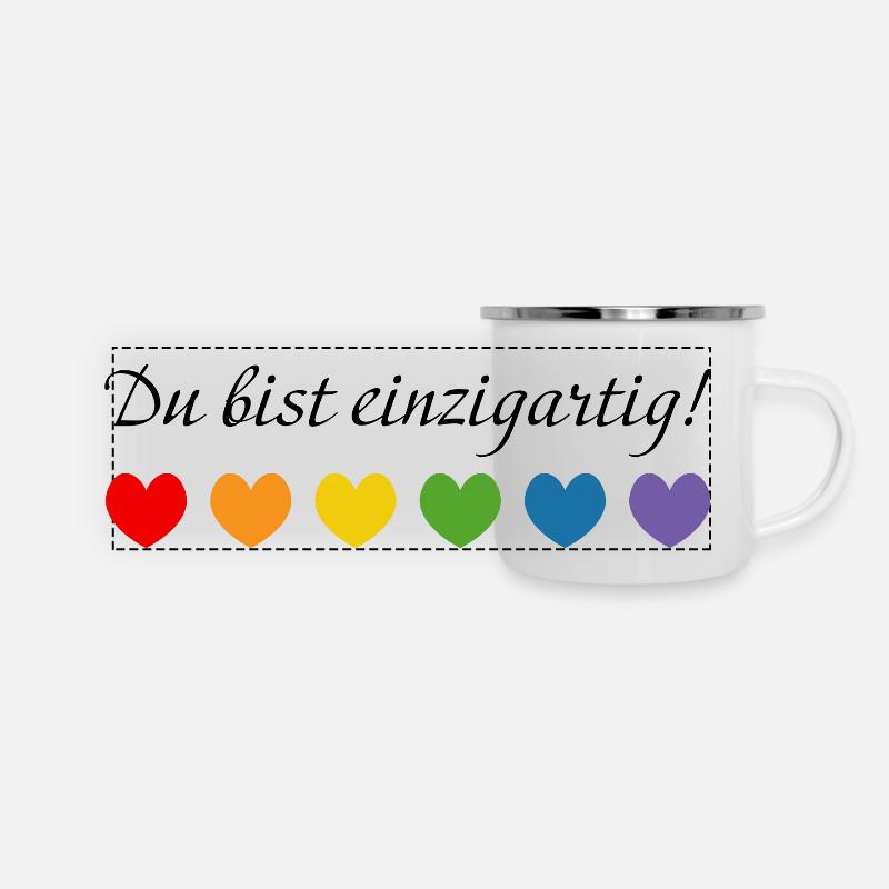 Regenbogenherzchen du bist einzigartig - Panorama Emaille-Tasse - Weiß