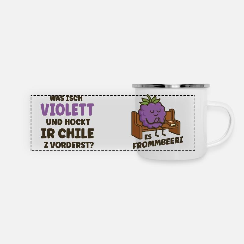 Flachwitz Frommbeeri: Was isch violett und... - Panorama Emaille-Tasse - Weiß