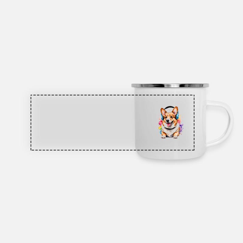 Corgi Kopfhörer Hund Bunt Lustig Tier Design Print - Panorama Emaille-Tasse - Weiß