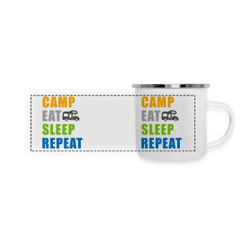Camp Eat Sleep Repeat Wohnmobil Tasse - Panorama Emaille-Tasse - Weiß - Vorne