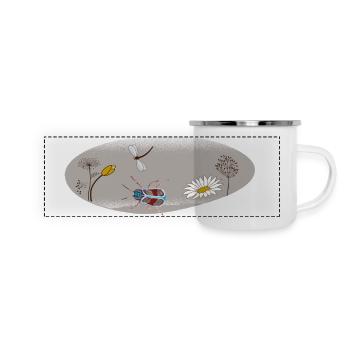 Blumen auf grauem Ornament - Panorama Emaille-Tasse - Weiß - Vorne