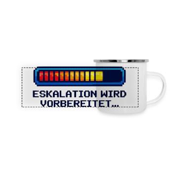 „Eskalations Shirt“ – Nerd & Geek Style (deutsch) - Panorama Emaille-Tasse - Weiß - Vorne
