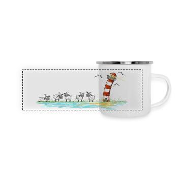 Leuchtturm und Schafe I Nordsee Ostsee Küste - Panorama Emaille-Tasse - Weiß - Vorne