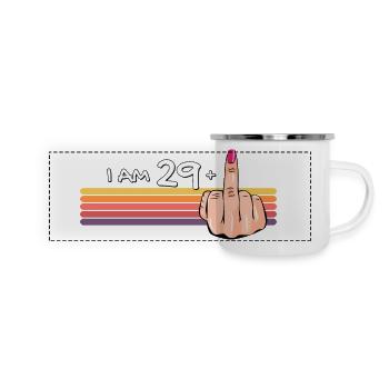 Ich bin 29 + 1 Mittelfinger-Shirt Ich bin 29 plus, - Panorama Emaille-Tasse - Weiß - Vorne