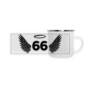 Nummer 66 Engel - Flügel zum 66. Geburtstag - Panorama Emaille-Tasse - Weiß - Vorne