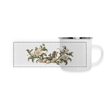Emaille-Tasse mit Langhaardackel im Blütenrahmen