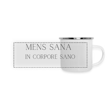Mens Sana in Corpore Sano – Lateinisches Zitat auf dem Gleichgewicht - Panorama Emaille-Tasse - Weiß - Vorne
