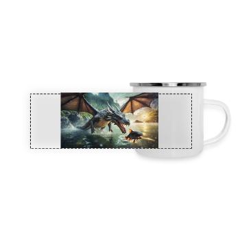 Ein realistischer böser dunkler Drache jagt den Fluss - Panorama Emaille-Tasse - Weiß - Vorne