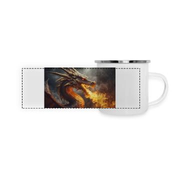 Ein realistischer, majestätischer dunkler Drache, der Flammen speit - Panorama Emaille-Tasse - Weiß - Vorne