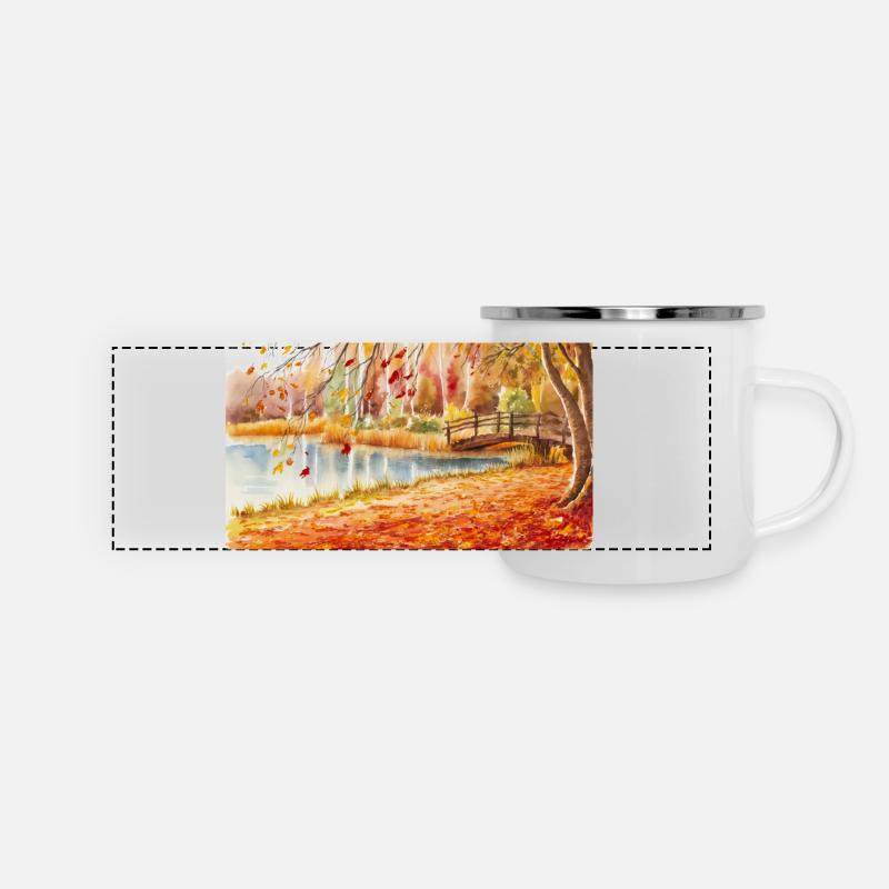 « Pont d’automne doré : un voyage tranquille » - Mug panoramique émaillé - blanc
