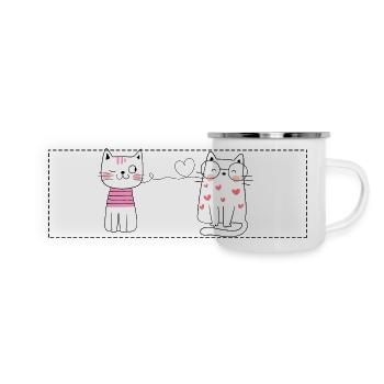 Zwei Katzen im HerzPopArt Stil - Panorama Emaille-Tasse - Weiß - Vorne