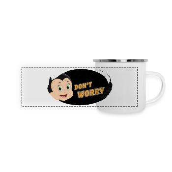 Dont worry be happy with Comic - Panorama Emaille-Tasse - Weiß - Vorne