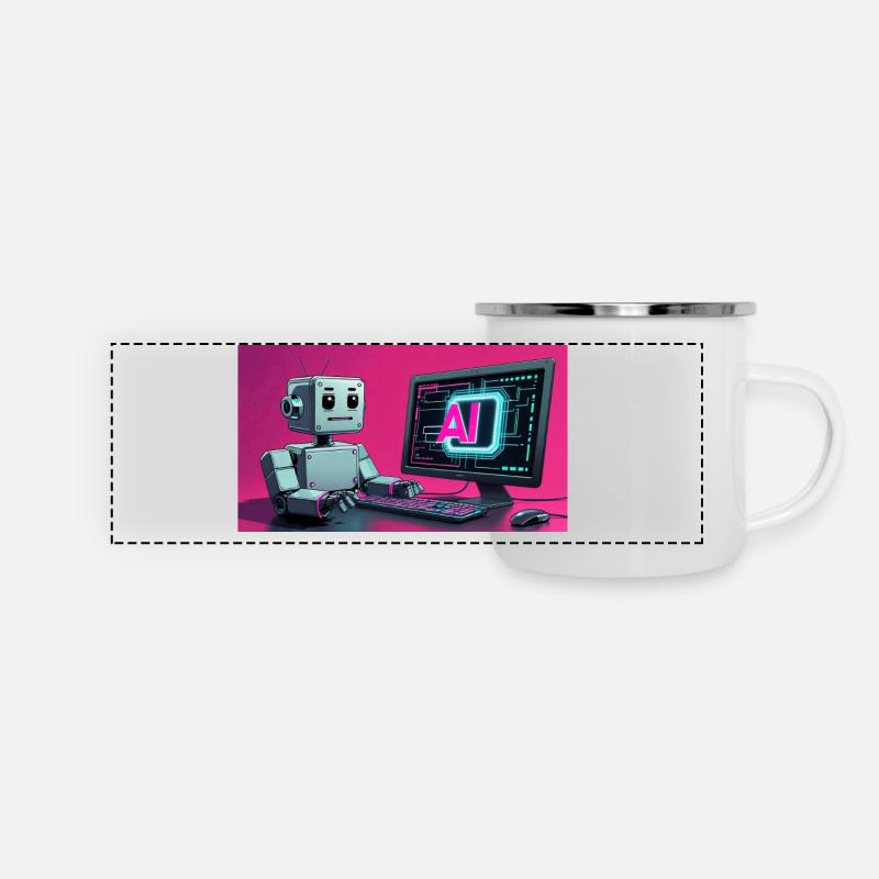 Futuristic AI Robot and Tech Screen - Panoramic Camper Mug - white