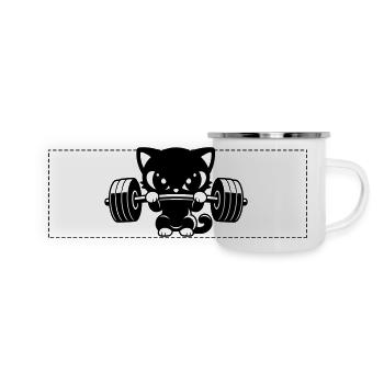 Cute cat lifts heavy dumbbell - Panoramic Camper Mug - white - Front