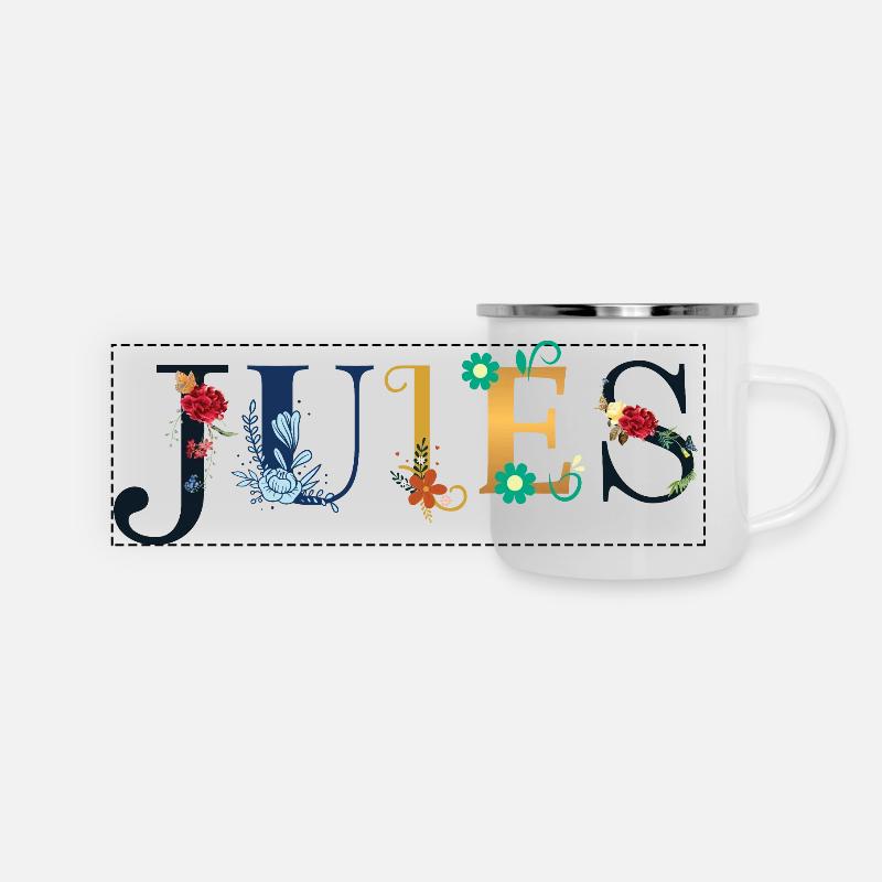 Le nom de JULES est orné de fleurs - Mug panoramique émaillé - blanc