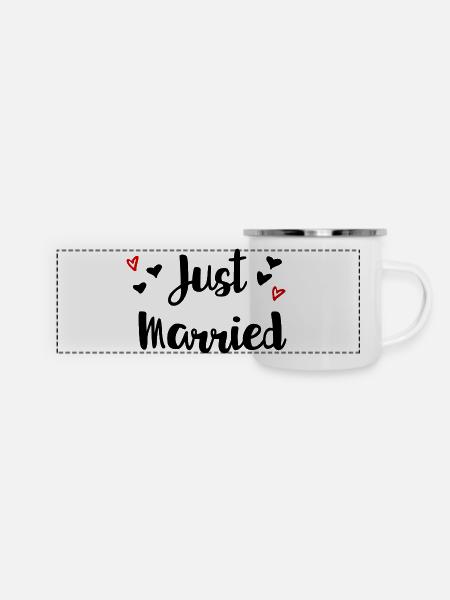 Just married Herzchen Geschenkidee - Panorama Emaille-Tasse - Weiß