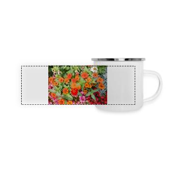 Blühender Garten – Farbenfrohe Stimmung - Panorama Emaille-Tasse - Weiß - Vorne