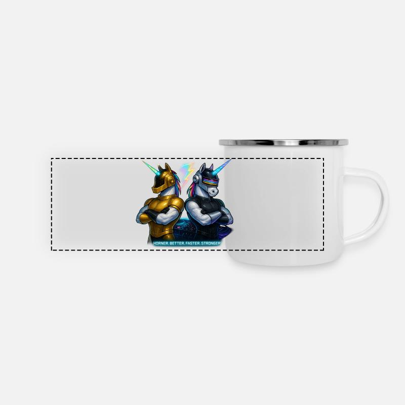 Futuristische Einhorn DJs - Panorama Emaille-Tasse - Weiß