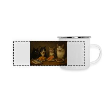 Vier Katzen beim Festmahl am Tisch - Panorama Emaille-Tasse - Weiß - Vorne